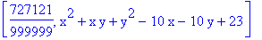 [727121/999999, x^2+x*y+y^2-10*x-10*y+23]